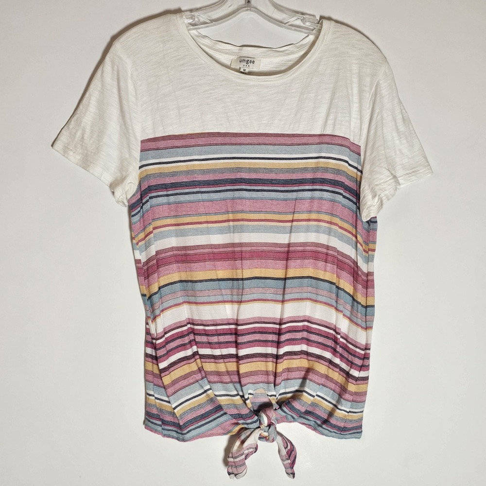 Umgee USA Shirt Womens Medium Multicolor Striped Tie Front Short Sleeve Crewneck